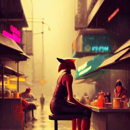 splash art of anthropomorphic female vulpes vulpes fulva woman sitting at a noodle stand eating noodles in the crowded street of a cyberpunk city, rain, harsh neon lighting, realistic, ultra detailed, by greg rutkowski, wlop, sakimichan, artgerm 