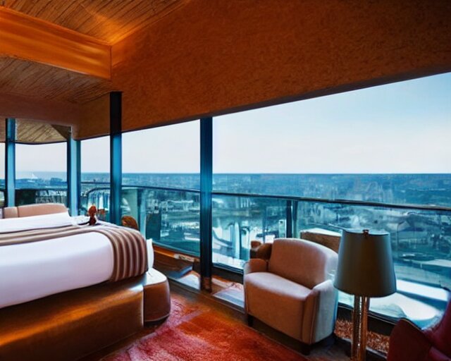 a luxury hotel room with a beautiful view from the balcony, and a hot tub inside. 