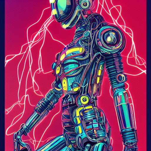 a beautiful body of a bot fighter pilot woman mostly made of wires and electronic lightning electrical fire smoke, an ultrafine detailed illustration by james jean, final fantasy, intricate linework, bright colors, behance contest winner, vanitas, angular, altermodern, unreal engine 5 highly rendered, global illumination, radiant light, detailed and intricate environment 