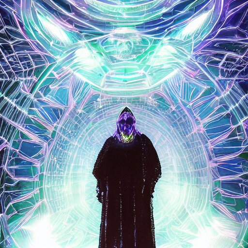 A space wizard stand in front of giant, glowing crystal sits in the center of a dark room, Strange symbols line the walls, and a soft light glows from somewhere deep within the room, highly detailed, digital photo, HDRI, by christopher bretz and kael ngu, vivid colors, high contrast, 8k resolution, intricate, photorealistic, smooth, psychedelic color scheme, concept art, award winning, cg society contest winner