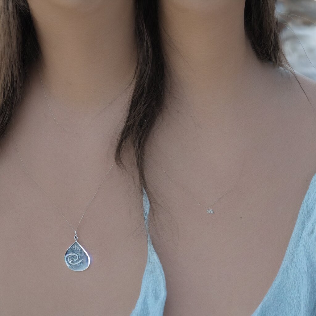 Amulet Of Wave inlaid in silver, on a young beautiful woman neck, realistic, clean,