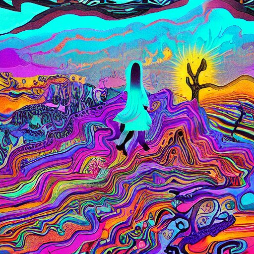 crazy psychedelic landscape full of ghosts, utopia 