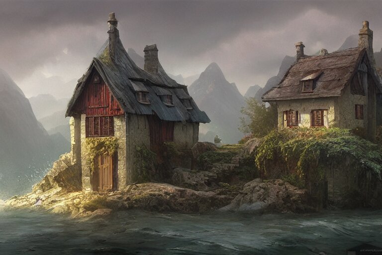 a typical european house with a slate roof, submerged under the water of the acean, school of fishes, scenic view, matte painting by christophe vacher and hubert robert, trending on artstation 