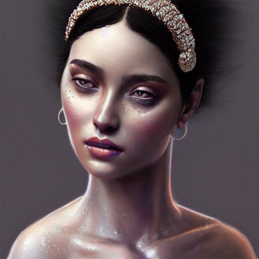 a beautiful portrait of a diamond goddess with glittering skin, a detailed painting by greg rutkowski and raymond swanland, behance contest winner, photorealism, behance hd, daz 3 d, zbrush 