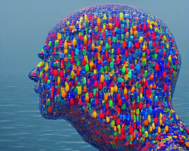 a long shot of a giant award winning sculpture made out of tons of hundreds of pool toys in the shape of a human head, on the surface of the ocean, in the style of chad knight, hyper detailed, hyper realistic, ray tracing, 8 k resolution, sharp focus, realistic water 