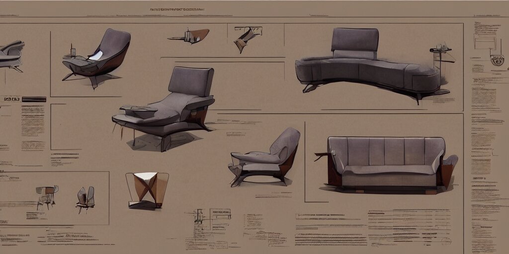 furniture design art deco, design sheet, Moebius, Greg Rutkowski, Zabrocki, Karlkka, Jayison Devadas, Phuoc Quan, trending on Artstation, 8K, ultra wide angle, zenith view, pincushion lens effect