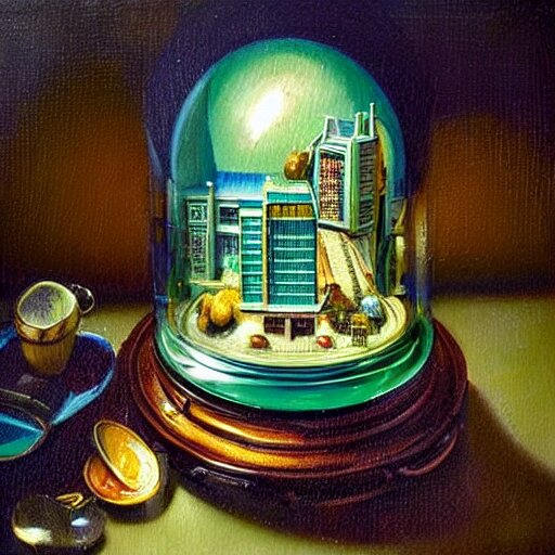 still life painting of a miniature tabletop art deco city under a glass dome, by paulette tavormina and clara peeters and vermeer, cool color - scheme with blues and greens, hyper realistic, detailed, beautiful lighting 