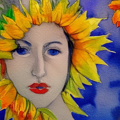 molly sanden, watercolor, in the style of claude monet, beautiful face, sunflowers, fall leaves red and orange, award winning, hd, 4 k, purple, blue 