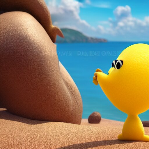 a supercute lemon cartoon character, that is fit and good looking, it's is relaxing on a beach, inspired by dalle - 2, octane render, 3 d, volumetric lightening, 