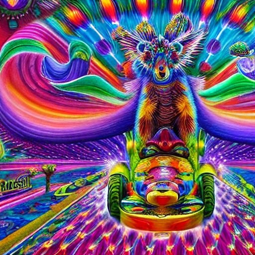 bear riding on a giant peacock through the realms of dmt mario cart race track, painted by lisa frank, alex grey and tim hildebrandt, hyper realism, highly detailed, lsd, psilocybin, sharp focus, sharp contrast, 8 k 