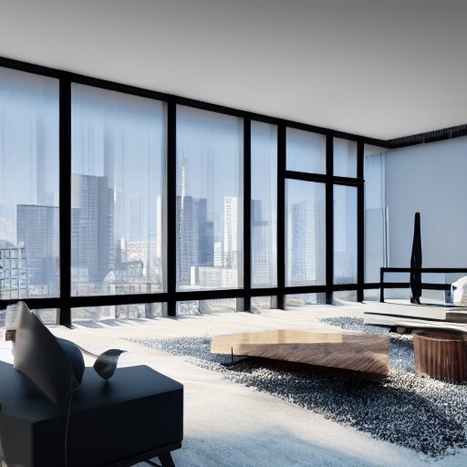 brutalist penthouse open living room, big windows, showing city landscape on background, minimalist architecture, minimalist furniture, octane render, high quality, 8 k, post production 