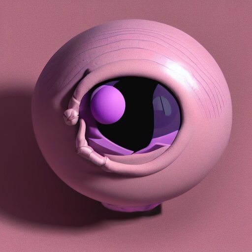 photo of a clay model of character with large spherical purple head and tiny eyes with comically tiny body and spindly limbs leans close to the camera, fish eye lens, 4 k, hyper realistic, hyper detailed face, octane render 