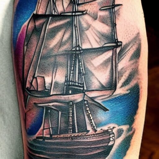 A pirate ship tattoo design in the style of Dmitriy Samohin, hyper realistic tattoo