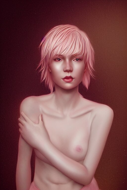 Portrait of a beautiful pale skin Nordic female with short pink hair, elegant, photorealistic, highly detailed, artstation, smooth, sharp focus, gold ornaments, neon lighting, sci-fi, art by Klimt.