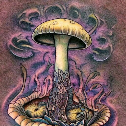 mushroom in decay, tattoo art, japanese, color restoration, vortex, highly detailed, 