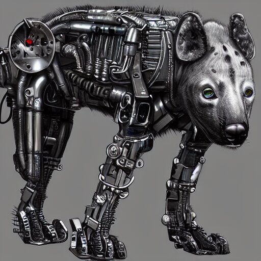 cybernetic hyena, bladerunner style, cyborg with lots of metal and wires, realistic highly detailed concept art 