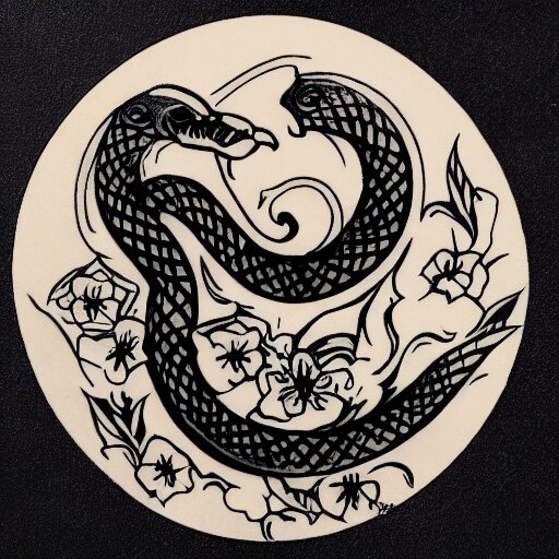 tattoo design, stencil, tattoo stencil, traditional, a cobra with its fangs out surrounded by flowers