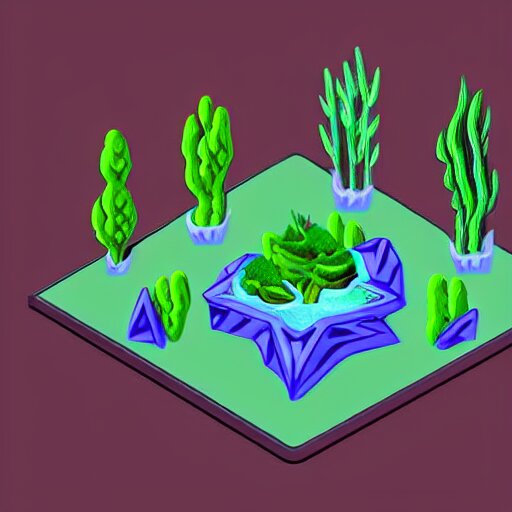 concept art 2 d game asset of furniture with an organic isometric design based on bioluminescent alien - like plants inspired by the avatar's bioluminescent alien nature. around the furniture, we can see plants that glow in the dark. all in isometric perspective and semi - realistic style item is in a black background colorful neons surrealistic masterpiece 