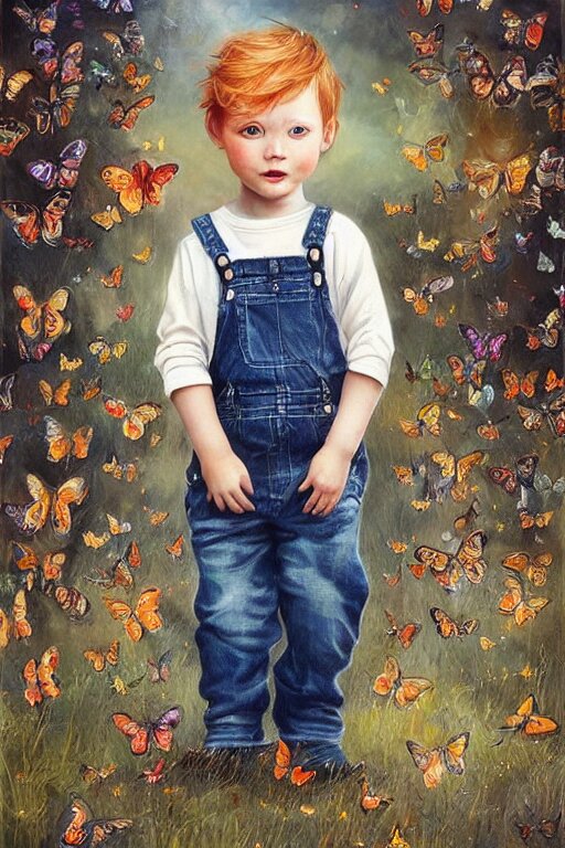 a three year old boy with ginger hair wearing denim overalls chasing butterflies. clean elegant painting, beautiful detailed face, lots of butterflies. by magali villanueve and artgerm and greg rutkowski 