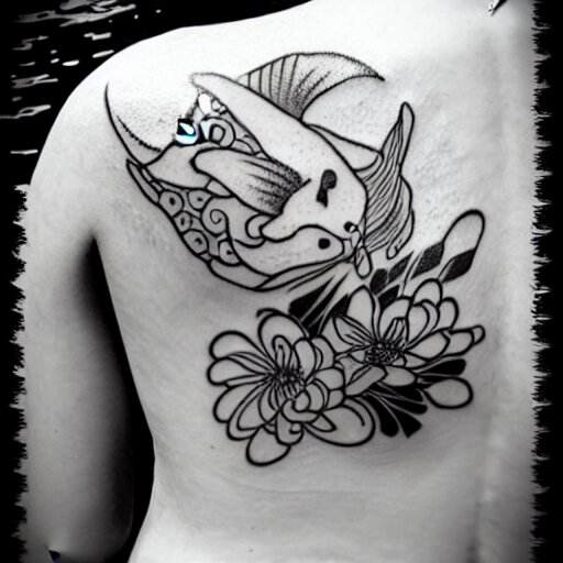 black and white tattoo, koi fish, japanese traditional style, camelia flowers, stylized, 