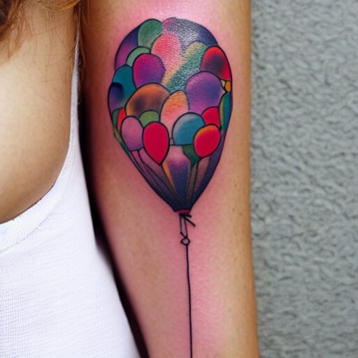 a tattoo of multiple small balloons floating up, tattoo art, black and white tattoo,