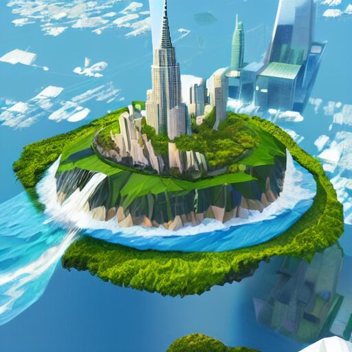 low poly art of a round floating island in the sky with the skyscrapers of New York on it, surrounded by waterfalls, isometric art, 3d render, ray tracing, high detail, artstation, concept art, behance, smooth, sharp focus, ethereal lighting, unreal engine 5