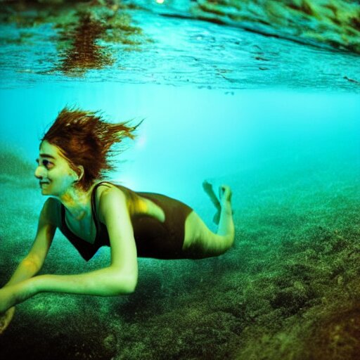 girl with bioluminescent skin swimming underwater