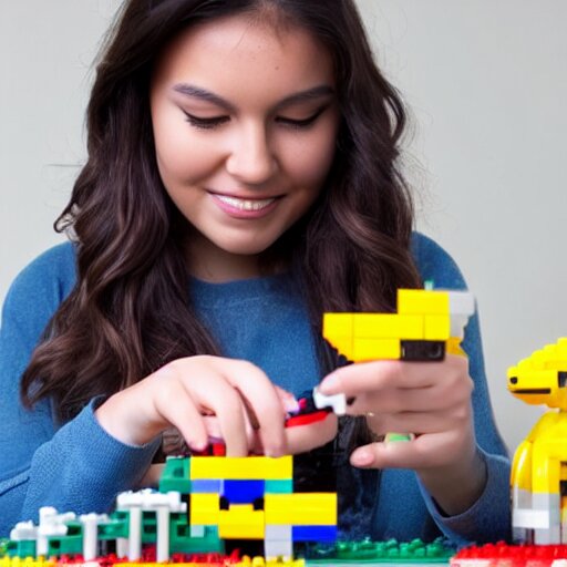 woman, 1 8 years old, brown hair, brown eyes, building the pokemon abra out of legos, well lit, high quality, 