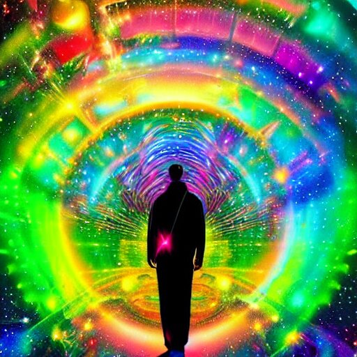 A man's soul becoming one with the galaxy by lisa frank, space, vibrant, colorful, digital art, peaceful, dmt, psychedelic,