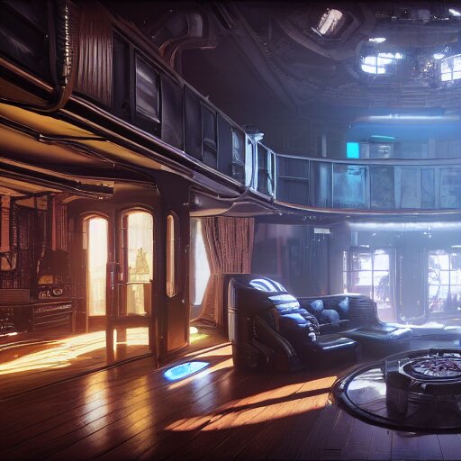 A photograph of interior of cyberpunk mansion set in a cyberpunk utopia. Highly detailed, 8k wallpaper, HDR, concept art, unreal engine 5, 4k, 8k, ray tracing, bloom, lens flare