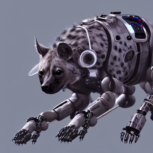 pet robot hyena, cyborg with exposed wires and metal, lights, camera lenses for eyes, realistic high quality concept art 