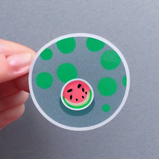 hand holding cartoon diecut sticker of cute kawaii watermellon slice with white border and light gray background