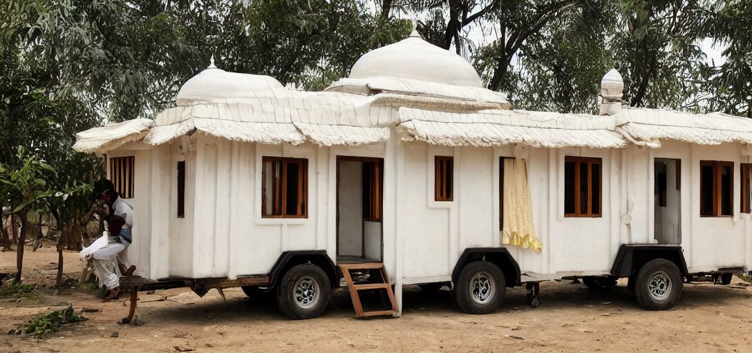 mughal - style white ivory tiny home on trailer with minarets in cyberpunk india 