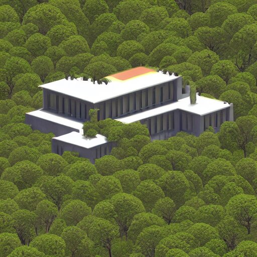 rectangular modernist house inspired by a tibetan palace, atrium, two levels, in a field, big trees, clouds, dramatic lighting, artstation, matte painting, raphael lacoste, simon stalenhag, frank lloyd wright, drone view 