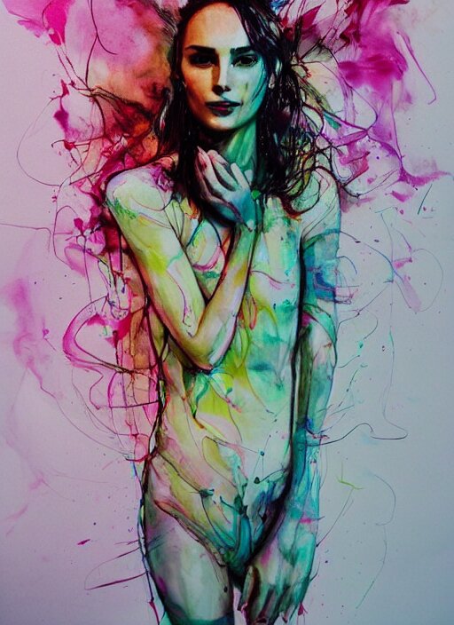 sexy seducing smile nathalie portman yoga pose by agnes cecile, half body portrait, extremely luminous bright design, pastel colours, ink drips, autumn lights 