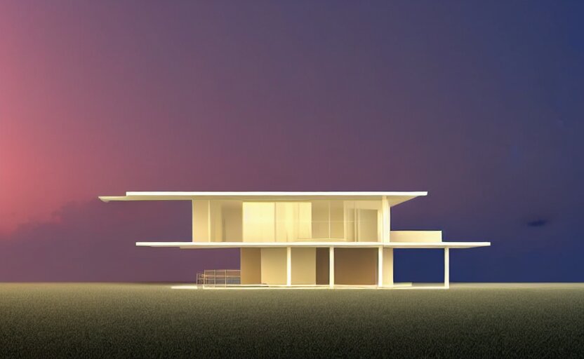 one single stand alone huge hyperdetailed minimalist home, seen from the long distance, at night. by the sea. maximalist unexpected elements. free sky in plain natural warm tones. 8 x 1 6 k hd mixed media 3 d collage in the style of a childrenbook illustration in pastel tones. matte matte background. no frame hd 