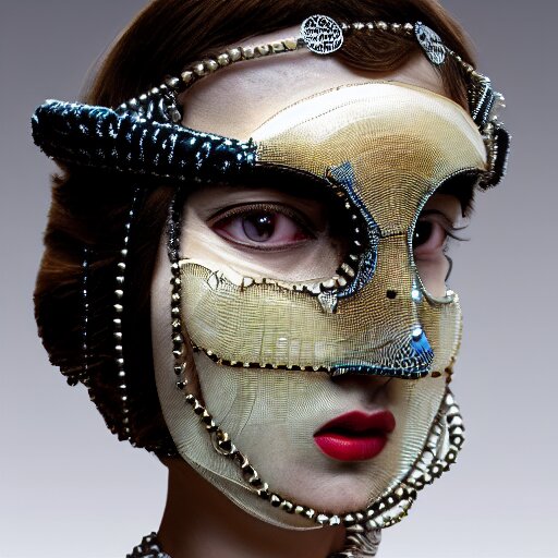 a beautiful futuristic portrait covered by mask made of pearl and wire, necklace made by silk and wires twisted around neck, design by leonardo davinci, inspired by egon schiele, modern art, baroque art jewelry, new classic, hyper realistic, cinematic composition, cinematic lighting, fashion design, concept art, hdri, 4 k - 