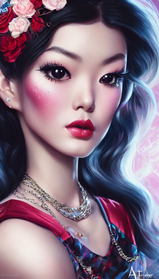 a pin up and beautiful fashion and charming and dreamlke asian girl with lv jewelry, medium shot, art by artgerm & ross tran & wlop, hyperdetailed, 8 k realistic, symmetrical, frostbite 3 engine, cryengine, dof, trending on artstation, digital art 