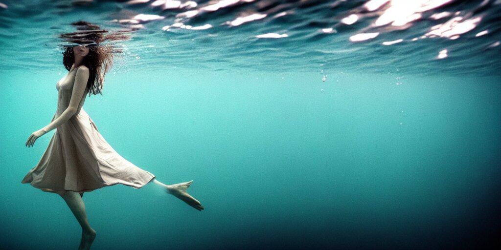 deep underwater photography of beautiful model in flat dress by emmanuel lubezki 