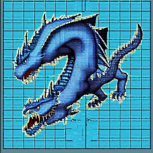 blue blueprint of a fantasy dragon pixel art 