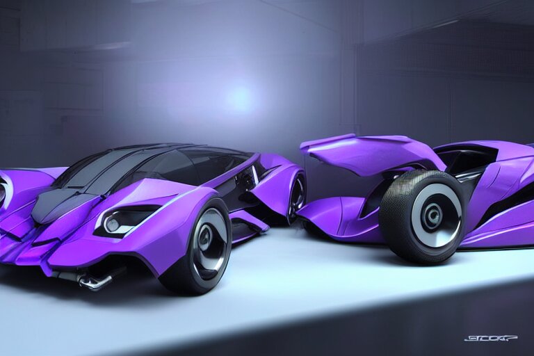 cyberpunk purple batmobile concept inspired sports car, futuristic look, highly detailed body, very expensive, photorealistic camera shot, bright studio setting, studio lighting, crisp quality and light reflections, unreal engine 5 quality render 