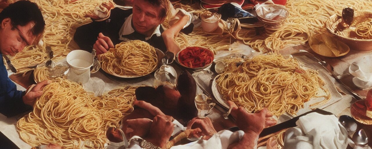 famous moments in history that include spaghetti, small details, intricate, canon 5 0 mm, wes anderson film, kodachrome 