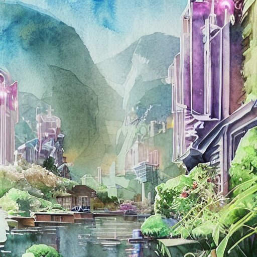 Beautiful happy picturesque charming sci-fi town in harmony with nature. Beautiful light. Water and plants. Nice colour scheme, soft warm colour. Beautiful detailed artistic watercolor by Lurid. (2022)