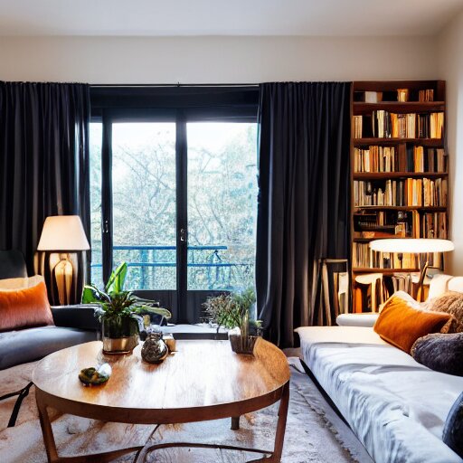 award winning interior design apartment, dusk, cozy and calm, fabrics and textiles, colorful accents, secluded, many light sources, lamps, hardwood floors, book shelf, couch, desk, balcony door, plants, photograph magazine, wide angle