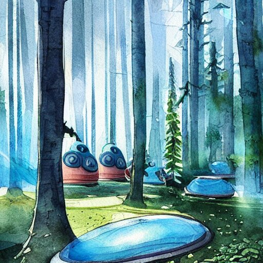 beautiful happy picturesque charming organic sci - fi town with pod homes integrated in a forest area. water and trees. beautiful light. soft colour scheme. beautiful artistic detailed watercolor by lurid. ( 2 0 2 2 ) 