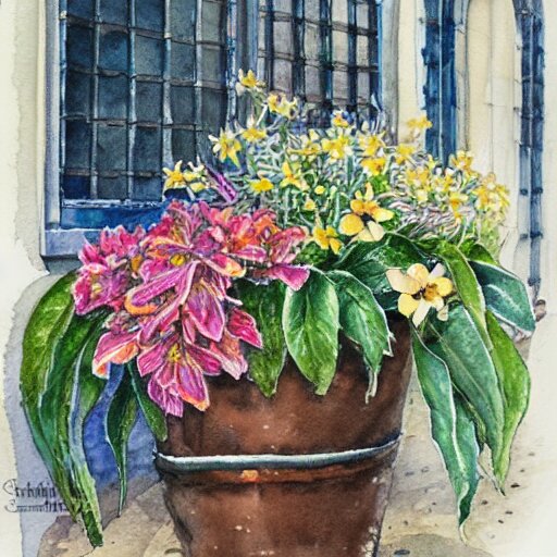 a beautifull intricate watercolor painting of potted planter with flowers inside sitting on wet sidewalk, reflexions, high details by stephanie law art 