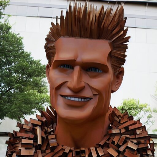 A sculpture made of recycled materials but with perfect definition, in the shape of Johnny bravo