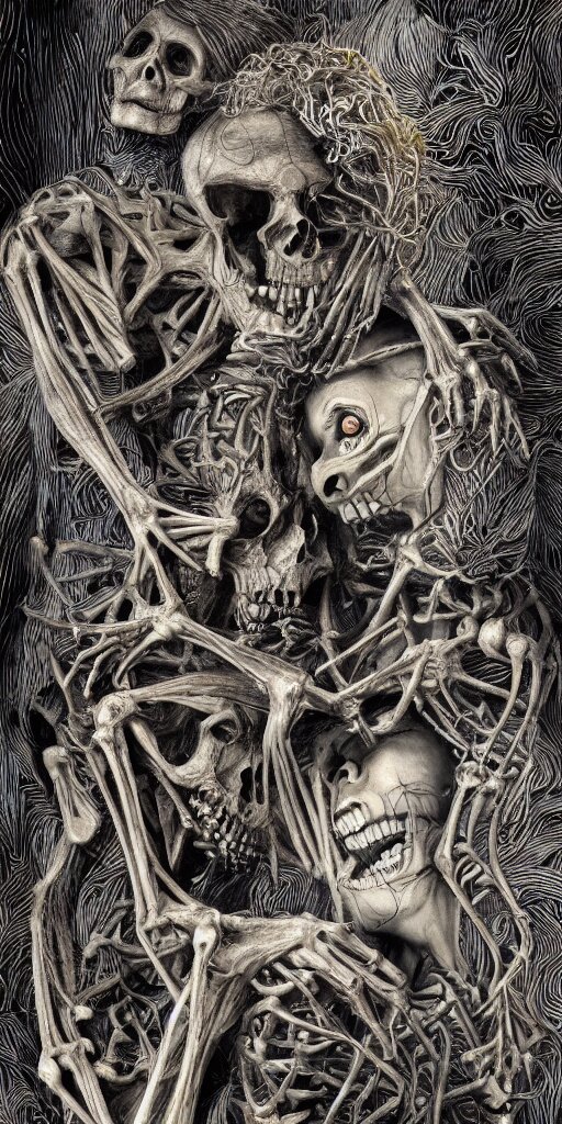 Skeletal a sobbing man and a happy women, furry creatures, highly detailed, half skull face, cinematic, infographic for imaginary animals, golden hour, backlit by an alien planet, sharp focus, psychedelic LSD manga, abstract oil painting by Raqib Shaw and joseph albers, MC Escher illustration, 8k,by Stanley Artgermm,Tom Bagshaw,Greg Rutkowski,Carne Griffiths, Ayami Kojima, Beksinski, Giger,trending on DeviantArt,hyper detailed,horror, full of colour, golden hour