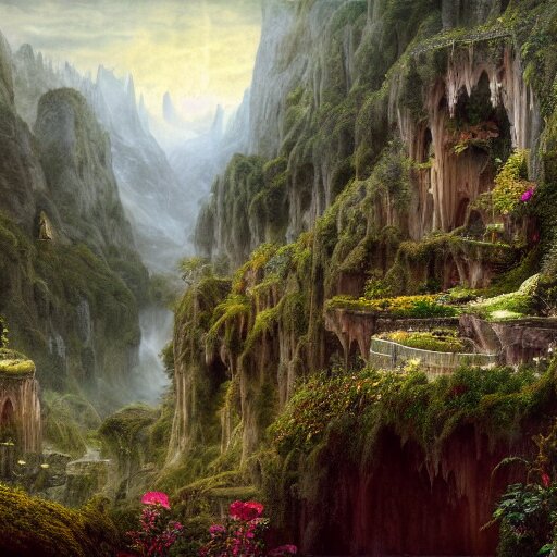 a beautiful and highly detailed matte painting of a magical garden deep in the misty mountains, intricate details, epic scale, insanely complex, 8 k, sharp focus, hyperrealism, by caspar friedrich, 