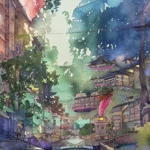 Beautiful happy picturesque charming sci-fi town in harmony with nature. Beautiful light. Water and plants. Nice colour scheme, soft warm colour. Beautiful detailed watercolor by Vincent. (2022)